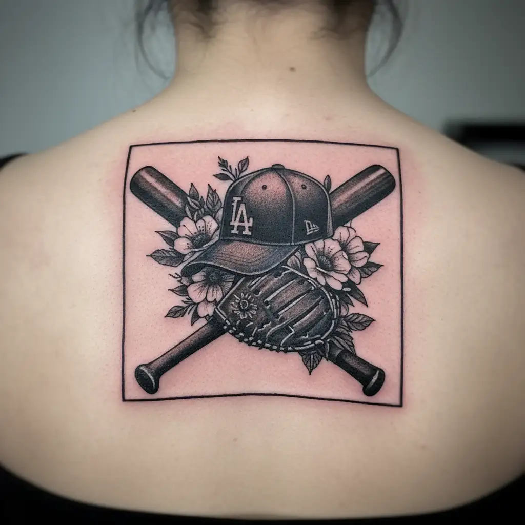 LA Dodgers with floral, baseball cap, baseball glove, and baseball bat tattoo design idea