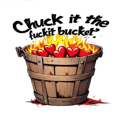 "Chuck it inthe fuckit bucket " "Chuck it inthe fuckit bucket " on the bucket, wooden bucket filled with broken hearts on fire inside tattoo design idea