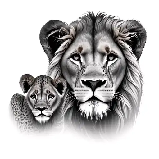 Lion and Lioness and two lion cub faces merged together tattoo design idea