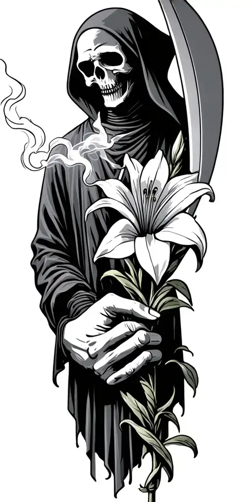grim reaper holing lily flower as scythe in one hand smoking fag. other hand holding dead mans hand poker hand.  tattoo design idea