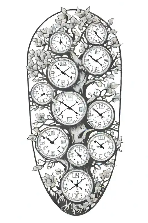 oak tree branches with three clocks integrated into it for an arm sleeve tattoo design idea