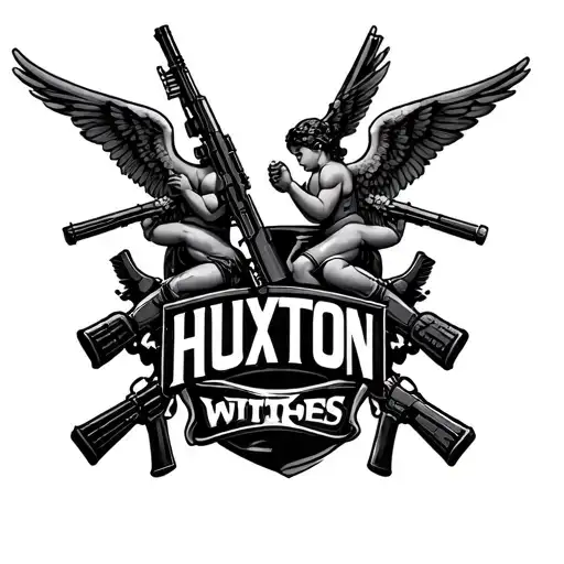 name written - huxton with 2 cupids with machine gun and ak47 tattoo design idea
