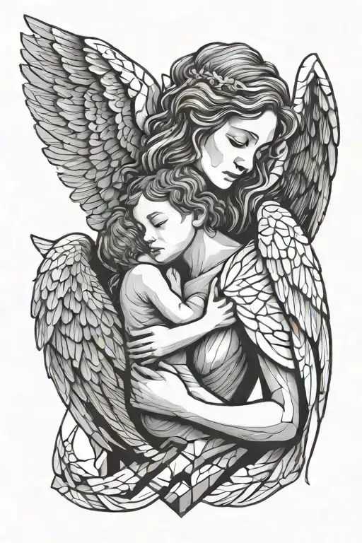 mother with small child, angel wings tattoo design idea