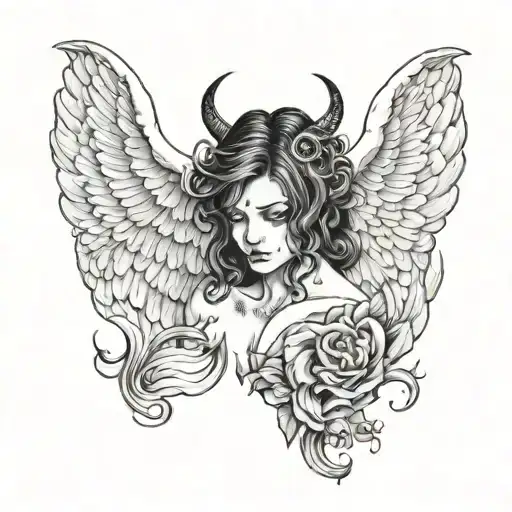 angel wings and devil horns tattoo design idea