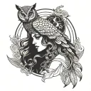 nyx godess with owl perch tattoo design idea