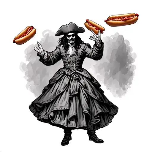 A pirate with hot dogs as fingers wearing a ball gown at a rager tattoo design idea