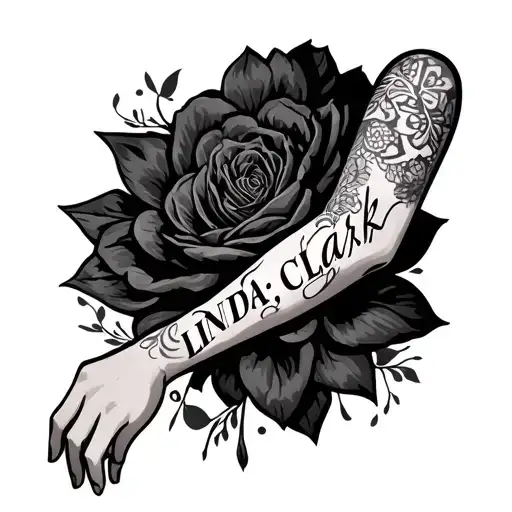 an arm sleeve with the name of LINDA D. CLARK with some designs  tattoo design idea