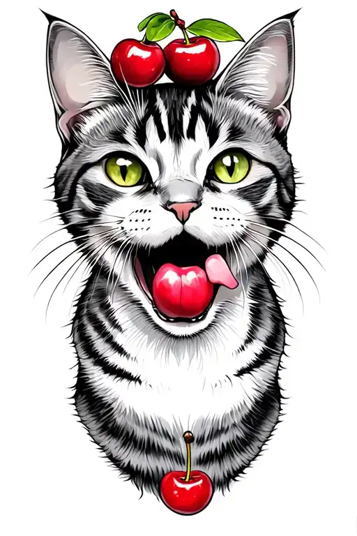 Cat with cherry in mouth open and tongue tattoo design idea