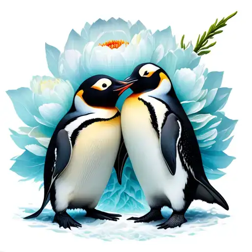 pair penguins in love under long stem peony on iceberg tattoo design idea