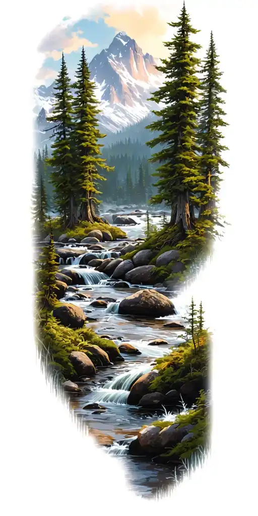 A dense forest with a stream and mountains in the background tattoo design idea