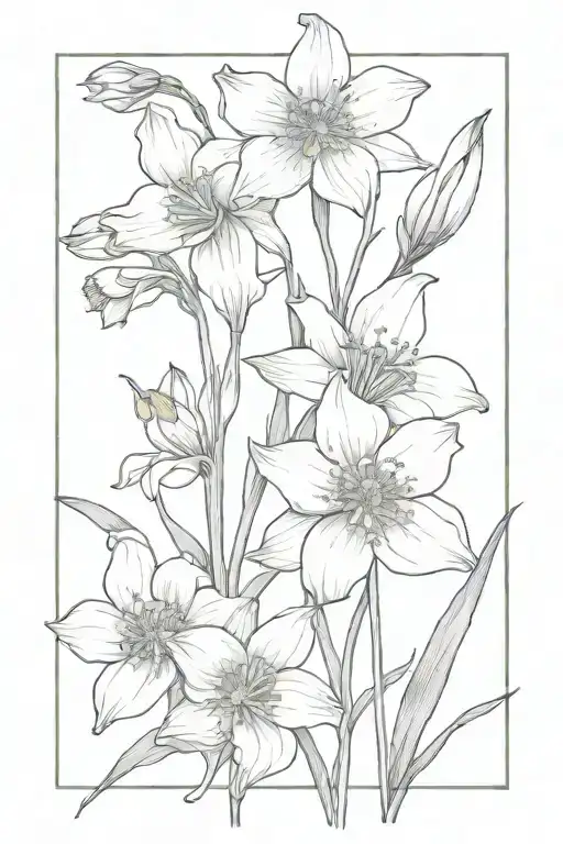 flower stem with daffodils, jonquils, poppies, marigolds, cosmos, and gladiolus  tattoo design idea
