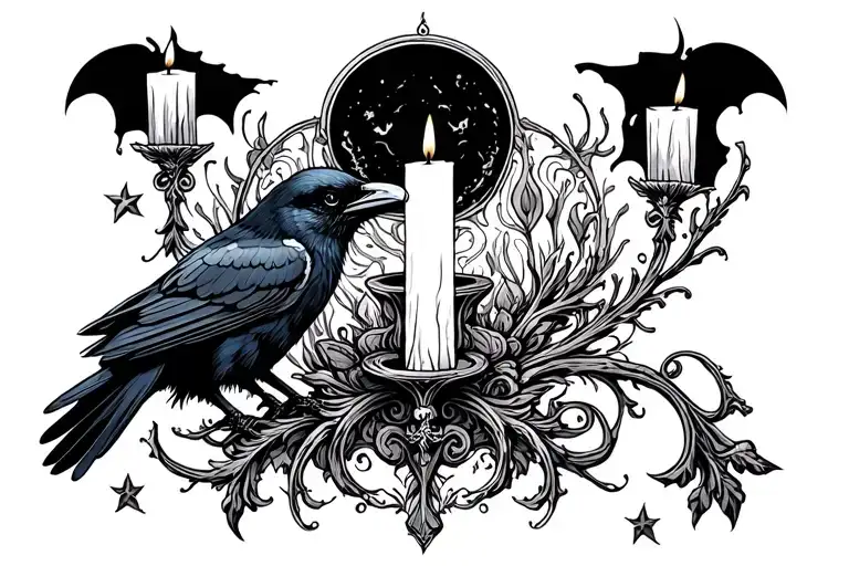candle light and raven tattoo design idea