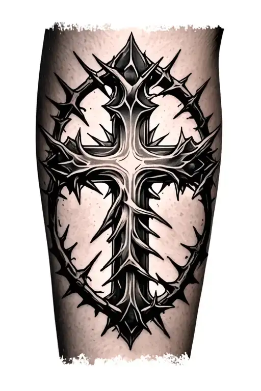 cross with thorns going around it with cool detail forearm tattoo for men tattoo design idea