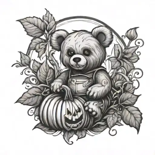 teddy bear in a pumpkin patch tattoo design idea