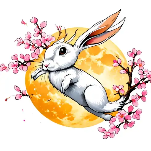 a white hare leaping, pink cherry blossoms surrounding it with a yellow moon in the background tattoo design idea