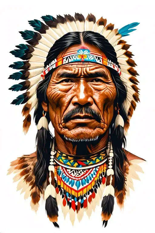 eve American Indian man (Hala y) with wrinkles and on his face symbols of their cultures tattoo design idea