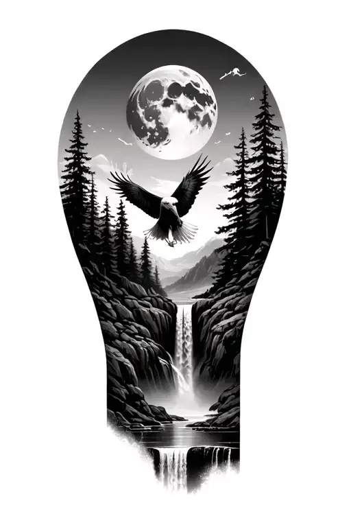 forest with waterfall in the middle and a bald eagle flying with a moon in the background tattoo design idea