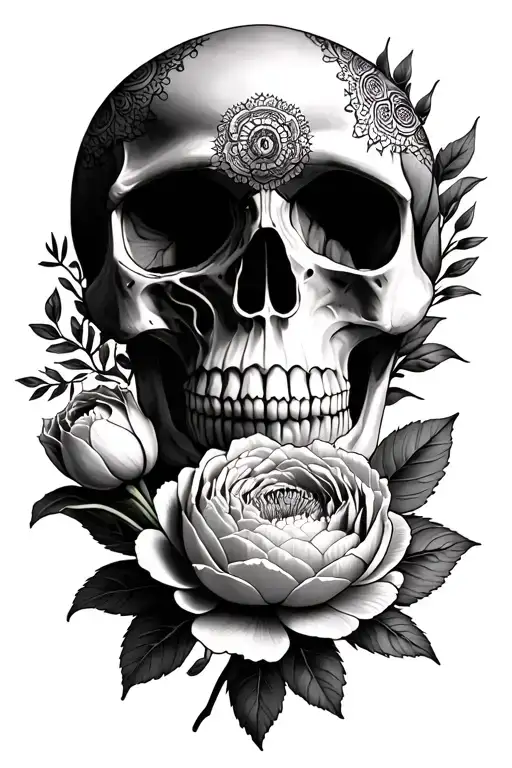 peonies with mandalas with a skull tattoo design idea