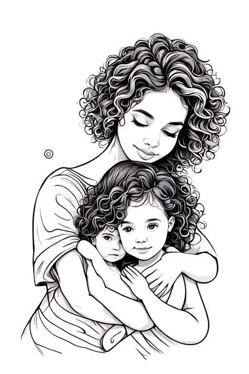 mom and baby fine line tattoo both have curly hair  tattoo design idea