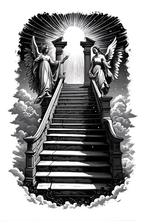 stairway to heaven walking up stairs angels sun rays clouds heaven gate at the top of the stairs  tattoo design idea