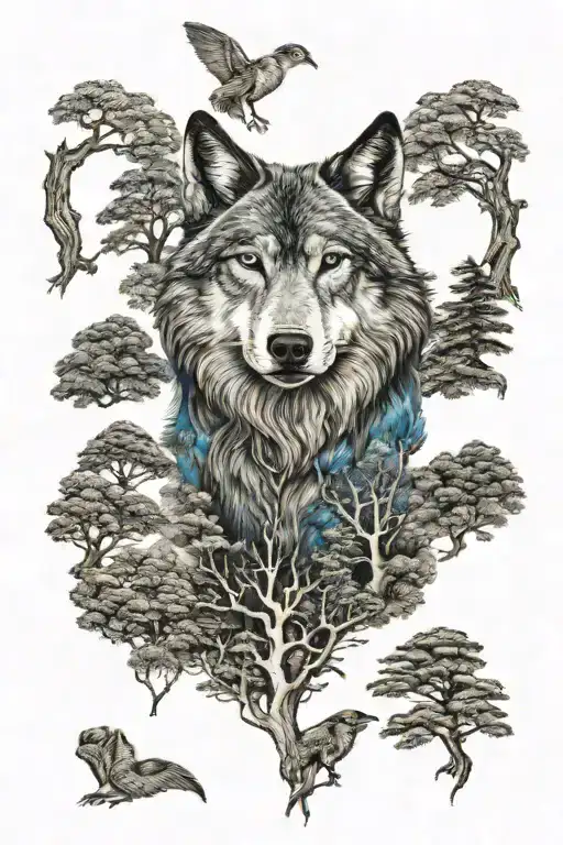 wolf in blue eyes howling forest scene tattoo design idea