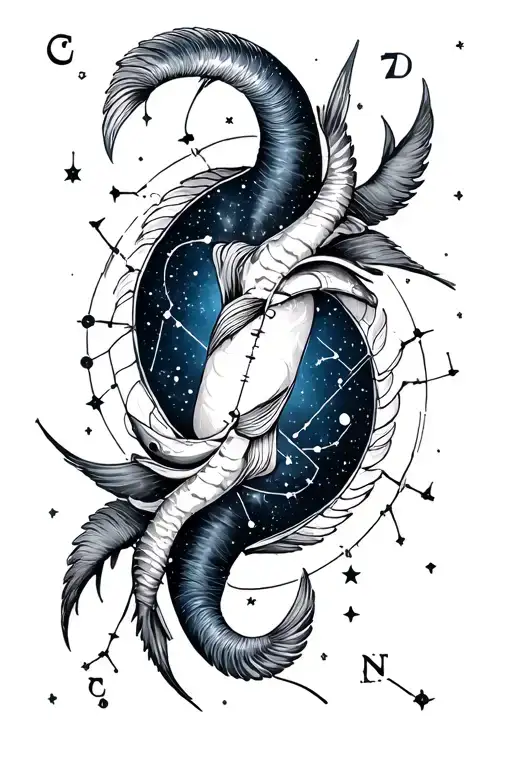 Create tattoo sleeve sketch of astrological symbols with constellations for Pisces, Gemini, Scorpio, and Capricorn with  tattoo design idea
