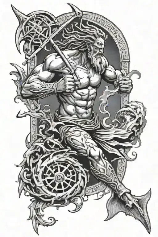 Full arm tattoo. Poseidon with trident on top and shark and diver below tattoo design idea