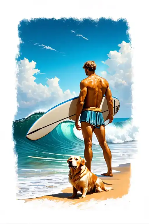 Golden Retreiver standing with man holding surfboard looking at wave from beach with greek mythology themes tattoo design idea