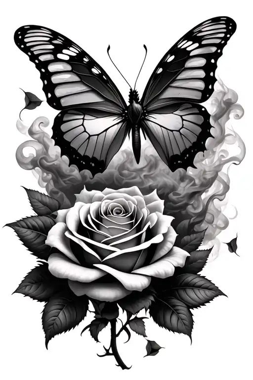 butterfly, two thorny roses surrounding, falling rose pedals fading into smoke tattoo design idea