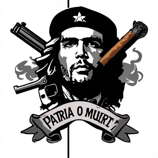 Che Guevara’s face, the smoke from a cigar AK-47 crossed banner with the phrase “patria o muerte” tattoo design idea