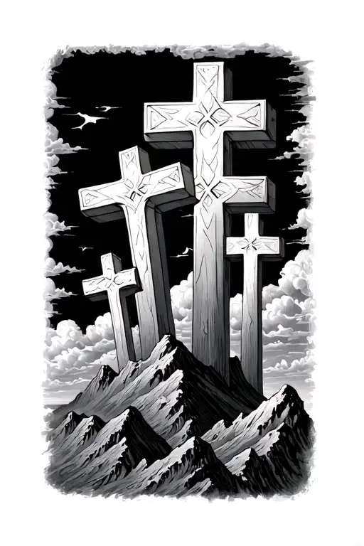 3 crosses vertical with clouds above and mountians below tattoo design idea