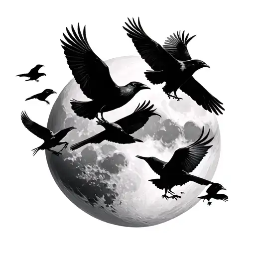 Many crows flying on a dry habol and a background moon tattoo design idea