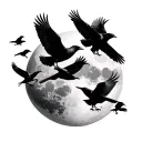 Many crows flying on a dry habol and a background moon tattoo design idea