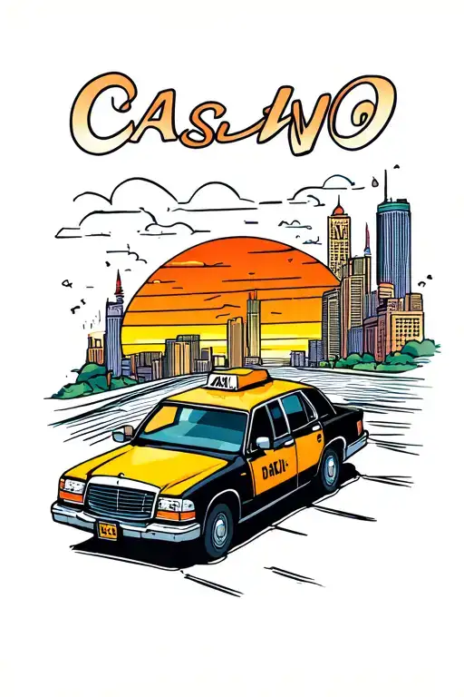 Black taxi with the yellow roof and orange patent in a sunset with a casino from afar tattoo design idea