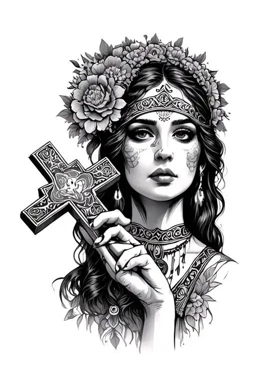 gypsy fortune teller women holding cross before face tattoo design idea