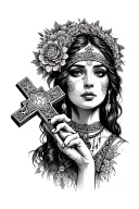 gypsy fortune teller women holding cross before face tattoo design idea