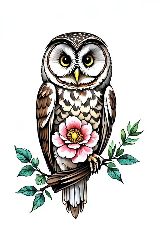 barred owl with flowers wrapped tattoo design idea