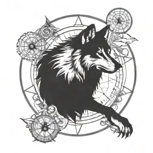 wolf compass moon tattoo design idea