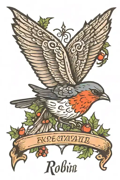 Burnt Tattoo card where it is written « robin ». The main character is a flying robin and in the corners there are holly tattoo design idea