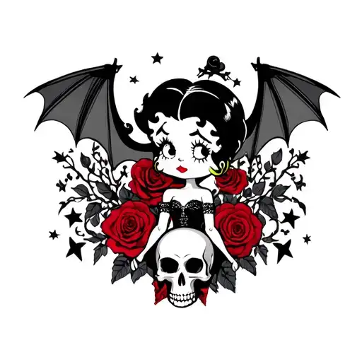 Betty boop with bat wings holding skull gothic themed background including dark red rose vines stars moons etc  tattoo design idea