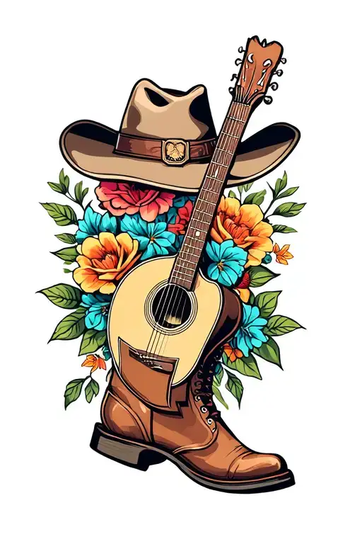 acoustic guitar, flowers, boots and cowboy hat  tattoo design idea