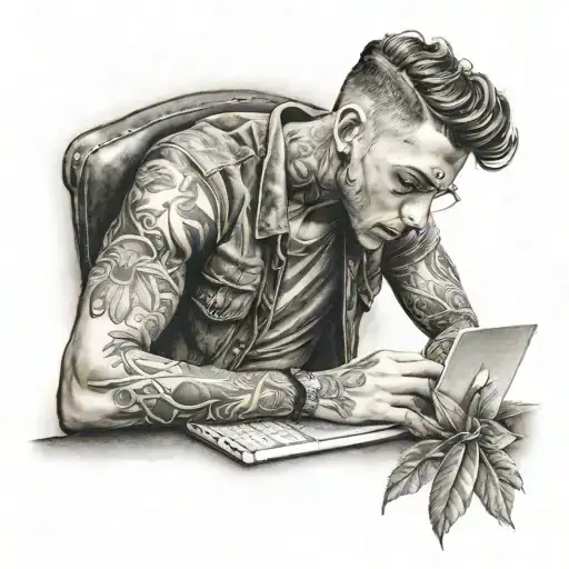student working on his laptop tattoo design idea