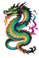 a demi spitting snake (black, green, orange, blue, pink, grey, brown, purple, pink, yellow) ate a dragon + no wings tattoo design idea