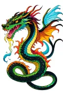 a demi spitting snake (black, green, orange, blue, pink, grey, brown, purple, pink, yellow) ate a dragon + no wings tattoo design idea