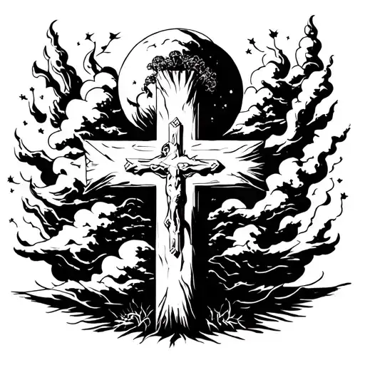 Cross with coulds and the lords prayer tattoo design idea