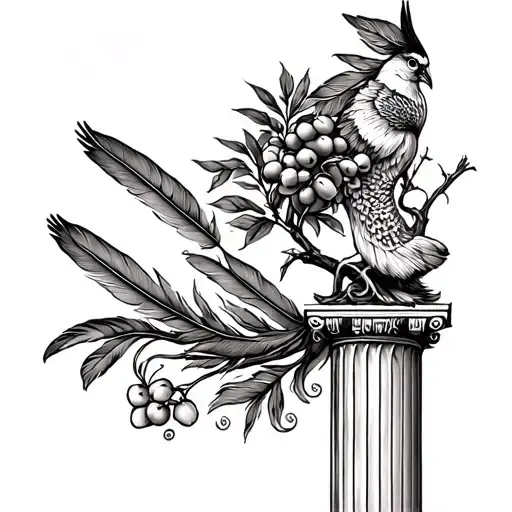 A fine line greek tattoo that must include a Corinthian column, an olive tree and pontian bird feathers. tattoo design idea