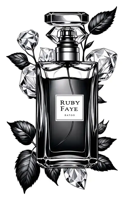 Rose and White Diamond Perfume bottle surrounded with the name Ruby Faye tattoo design idea