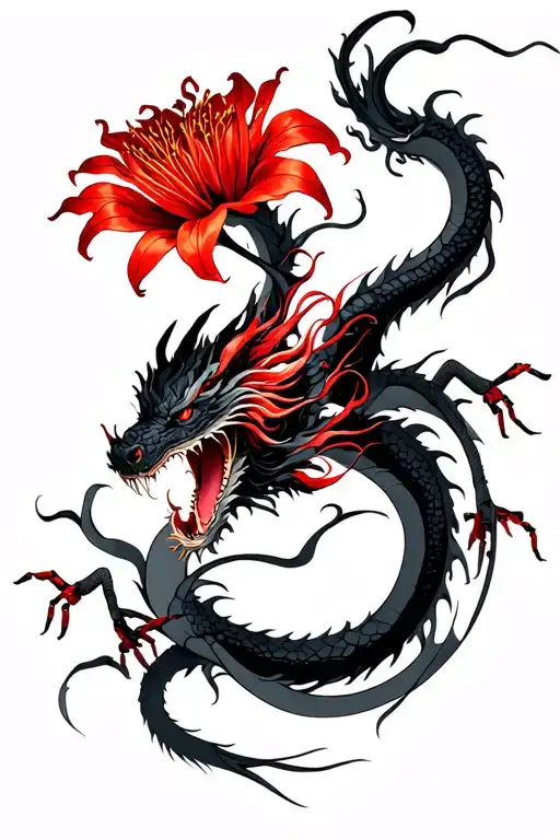 Black Smoke dragon with red spider lily tattoo design idea
