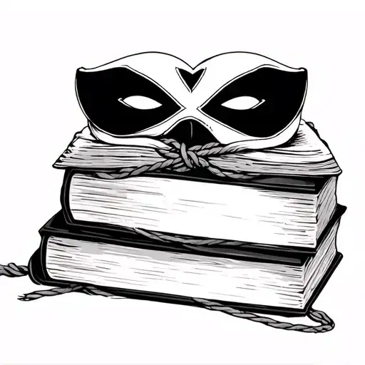 stack of books bound with rope one open with dark romance smut vibes with details of x-eye mask,  tattoo design idea