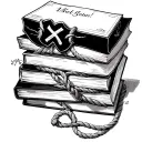 stack of books bound with rope one open with dark romance smut vibes with details of x-eye mask,  tattoo design idea